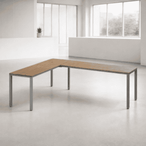 Mesa de oficina moderna con superficie de madera y estructura metálica para espacios de trabajo.