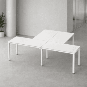 Mesas de oficina blancas modulares para espacios de trabajo modernos y funcionales.