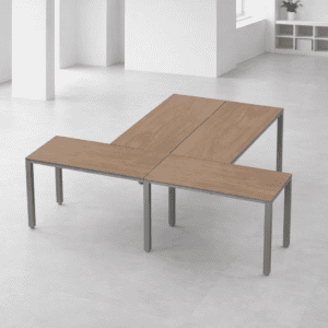 Mesa de oficina modular en madera y metal para espacios de trabajo modernos.