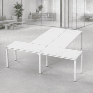 Mesas modulares blancas para oficina y coworking, ideales para espacios de trabajo colaborativos y m.