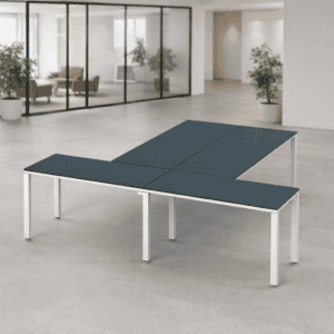 Mesas de oficina modulares y modernas para espacios de trabajo.
