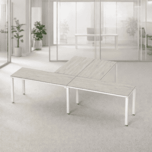 Mesa de oficina modular, escritorio ajustable, mobiliario de oficina, espacio de trabajo flexible.