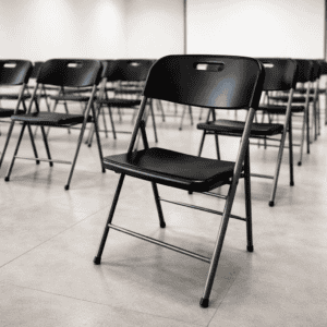 Sillas de oficina negras en sala de conferencias vacía, ideal para eventos y reuniones profesionales.