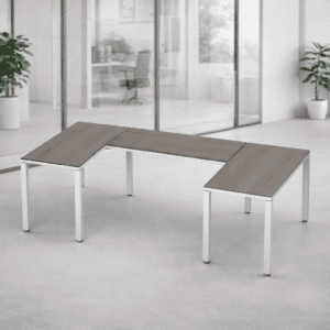 Mesa de oficina en forma de L para espacios de trabajo modernos y funcionales.