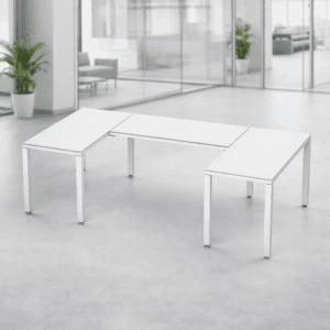 Mesa de oficina ajustable blanca para espacios de trabajo modernos y ergonómicos.
