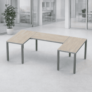 Mesa de oficina en forma de L para espacios de trabajo colaborativos y modernos.