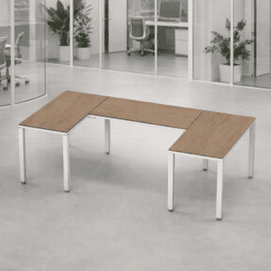 Mesa de oficina en forma de L, ideal para espacios de trabajo colaborativos y oficinas modernas.