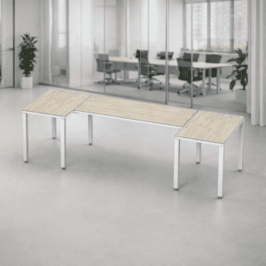 Mesa de oficina moderna y funcional para espacios de trabajo colaborativos.