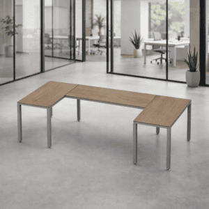 Mesa de oficina moderna con diseño en madera y estructura metálica, ideal para espacios de trabajo e.