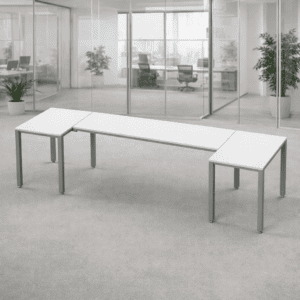Mesa de oficina modular blanca para espacios de trabajo colaborativos y oficinas modernas.