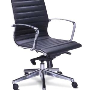 Silla de oficina ejecutiva negra con respaldo acolchado, brazos de aluminio y base con ruedas para o.