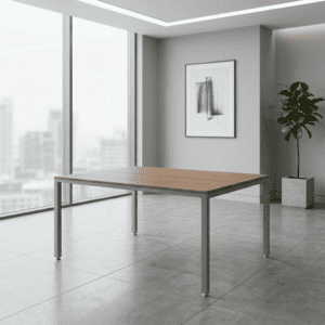 Mesa de oficina moderna en espacio luminoso y minimalista.