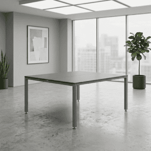 Mesa de oficina moderna y minimalista en espacio luminoso y elegante.