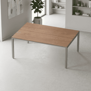 Mesa de oficina moderna con superficie de madera y estructura metálica para espacios de trabajo.