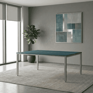 Mesa de ping pong moderna en oficina con decoración minimalista y luz natural.