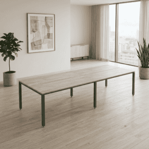 Mesa de oficina moderna y minimalista en espacio luminoso y elegante.