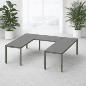 Mesa de oficina modular gris para espacios de trabajo modernos y funcionales.