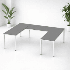 Mesa de oficina modular gris y blanca para espacios de trabajo modernos.