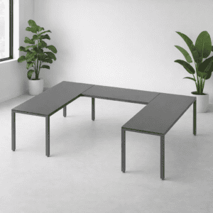 Mesa de oficina moderna en gris para espacios de trabajo colaborativos y oficinas elegantes.