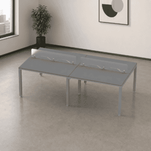 Mesa de oficina moderna con iluminación LED para espacios laborales.
