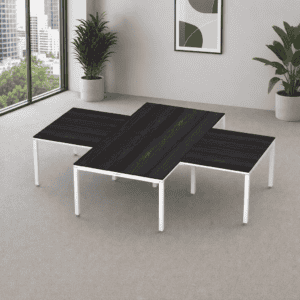Mesa de oficina modular con superficie de madera oscura y estructura blanca para espacios de trabajo.