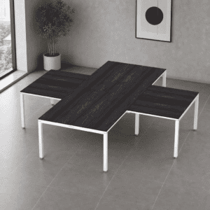 Mesa de oficina moderna con superficie de madera oscura y estructura blanca para espacios de trabajo.