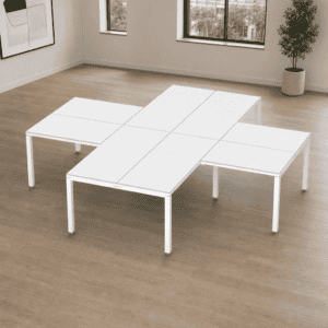 Mesa de oficina modular blanca para espacios de trabajo modernos y funcionales.