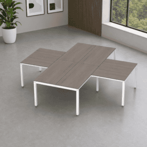 Mesa de oficina moderna con superficie de madera y estructura metálica blanca para espacios de traba.