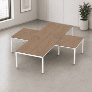 Mesa de oficina moderna con superficie de madera y estructura metálica blanca.