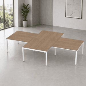 Mesa de oficina moderna y funcional con superficie de madera y estructura metálica blanca.