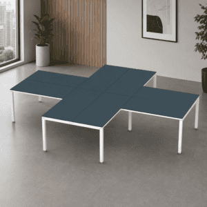 Mesa de oficina modular en color azul para espacios de trabajo modernos y funcionales.