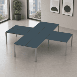 Mesa de oficina modular en color azul para espacios de trabajo modernos y funcionales.