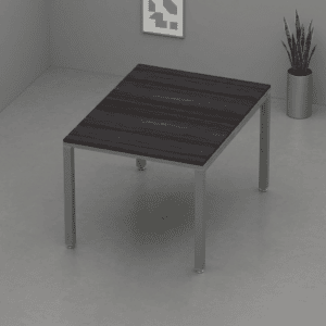Mesa de oficina moderna con superficie de madera oscura y estructura metálica para espacios de traba.