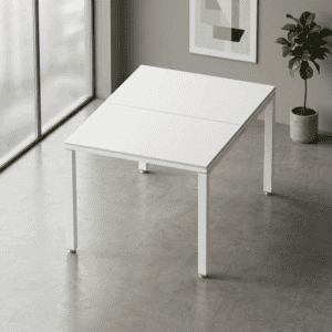 Mesa de oficina blanca con diseño simple y elegante para espacios de trabajo.