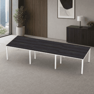 Mesa de oficina moderna con superficie de madera oscura y patas blancas para espacios profesionales.