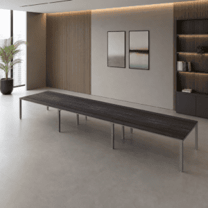 Mesa de oficina moderna y minimalista en espacio de trabajo elegante.